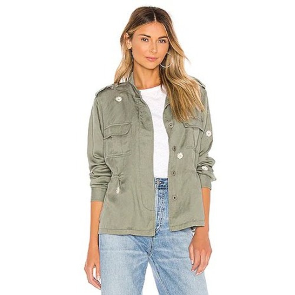 Rails Sahara Daisy Embroidered Utility Jacket Sage Green Linen Blend Medium NEW